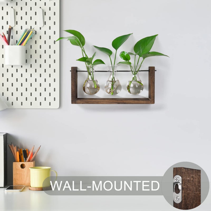 YIBOT Plants Propagation Stations with Wooden Stand  Wall Hanging Glass Planter Tabletop Terrarium Bulb Vase for Hydroponics Plants Home Office Decor-3 Vase - Image 4